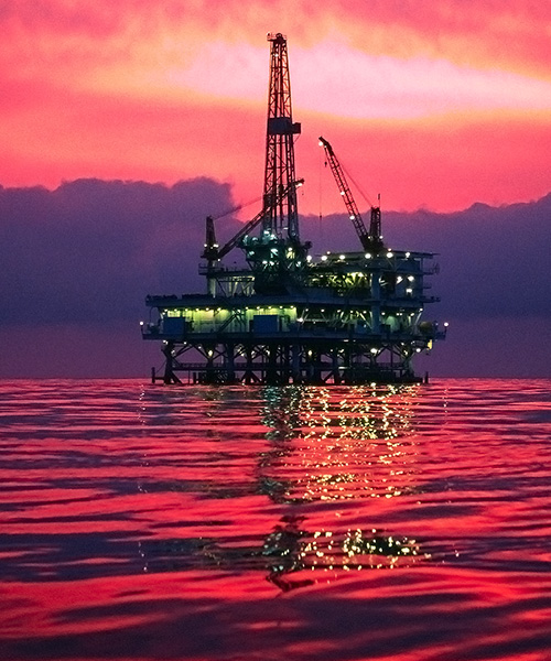 Illuminated offshore oil platform.
