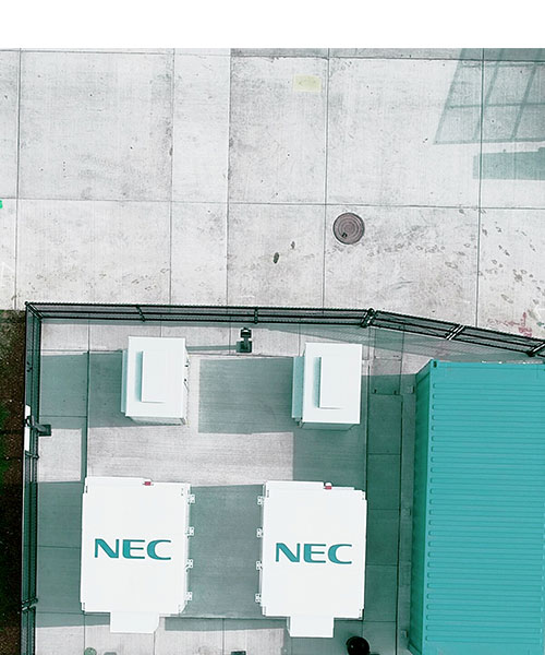 Aerial view of NEC branded battery storage units.